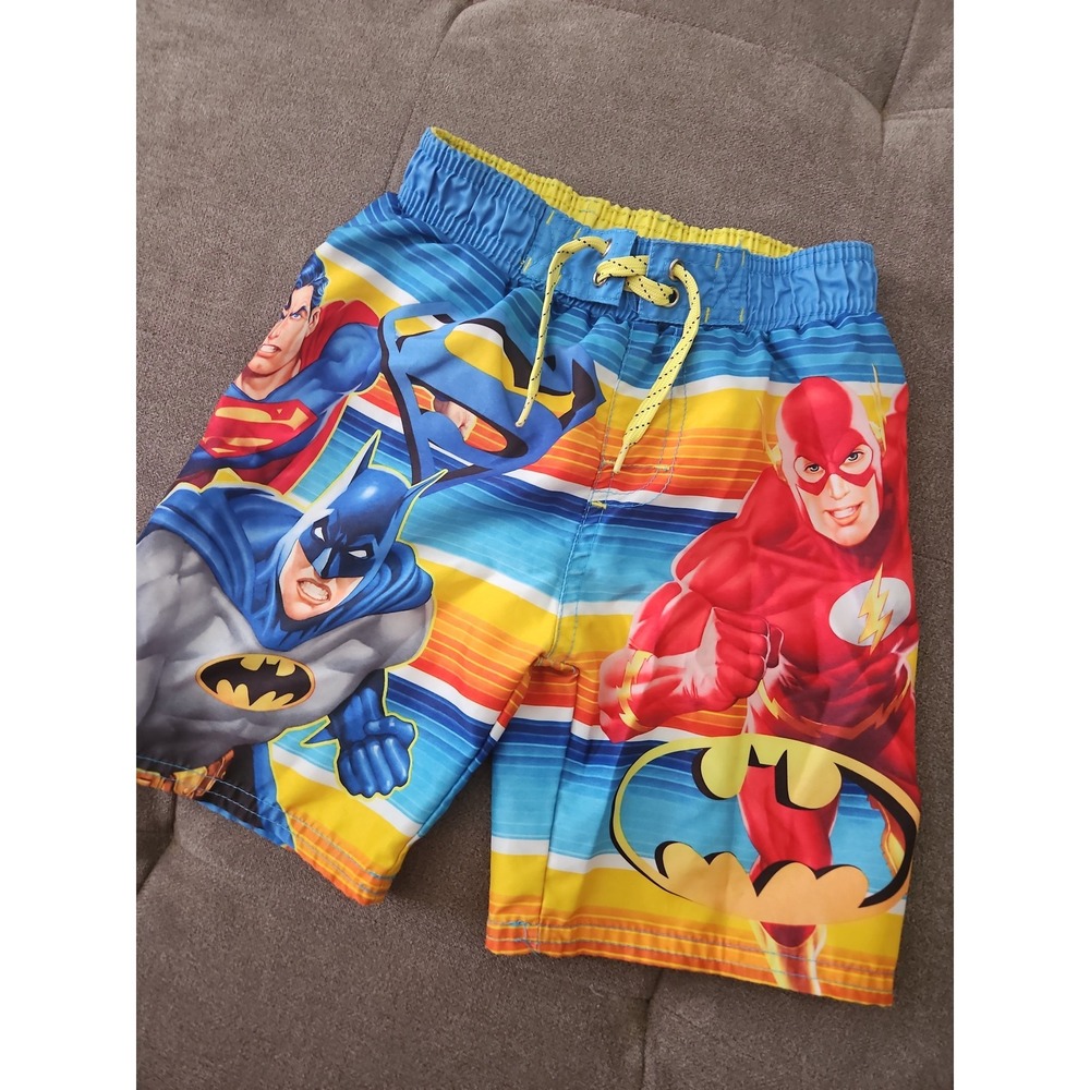 DC Justice League Boys Swim Trunks Size 4 Batman Superman Flash Blue Yellow